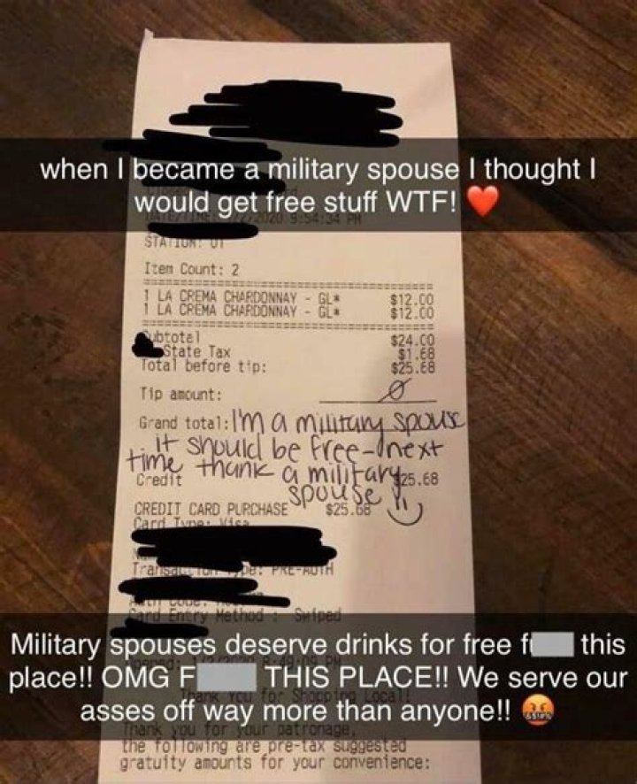 Military Spouse Leaves No Tip and Nasty Note Because She Thinks She Should Drink for Free