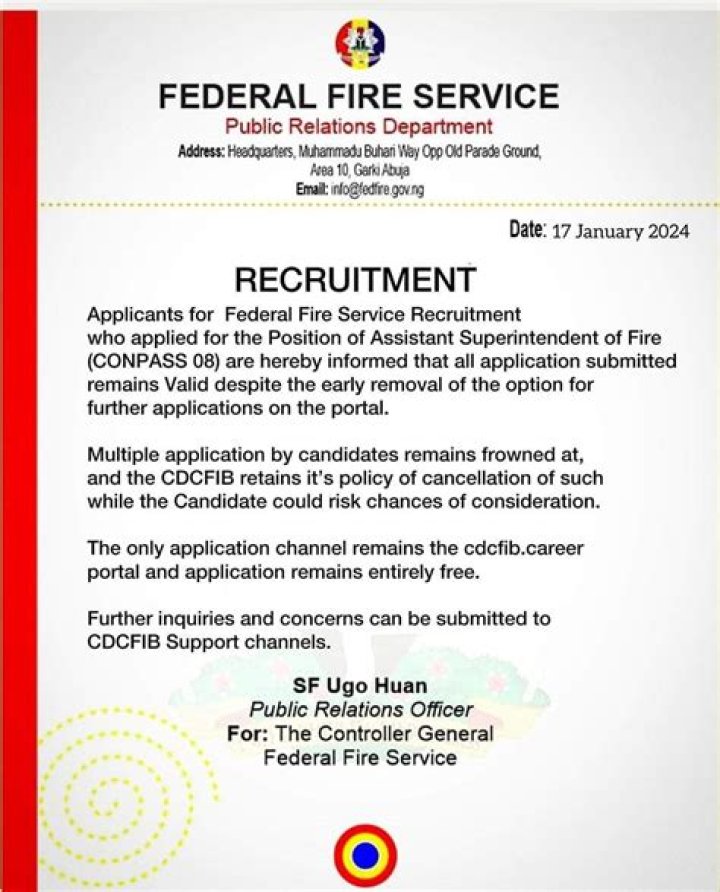 Recruitment: Federal Fire Service Warns Applicants of Job Scammers